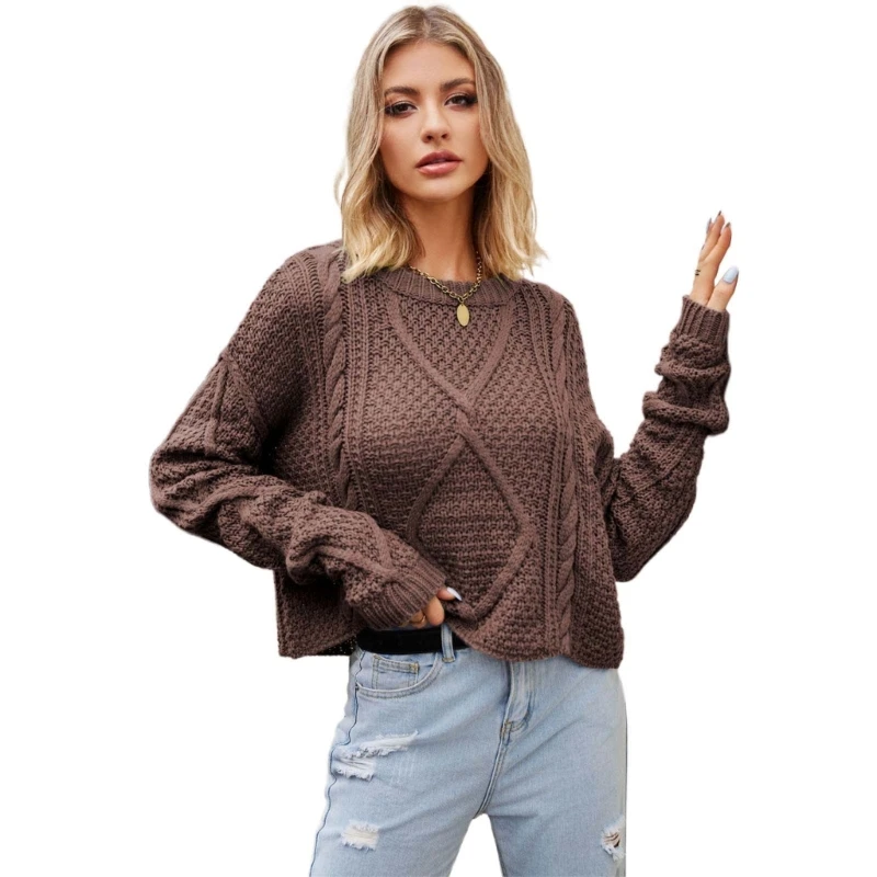 

Womens Pullover Sweater Solid Color Knitted Streetwear Round Neck Knitwear Tops