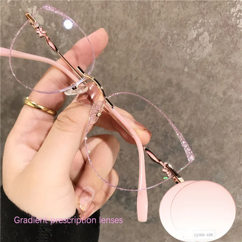 Rimless Glasses Anti-blue Ray Trimming Women Diamond Pink Lens Glow Optician Metal Polygon Optical Glasses