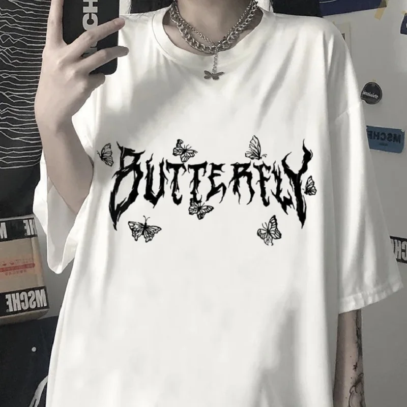 

Summer Women Cartoon Letter Butterfly Gothic Oversized T-shirt Female Clothing Letter Punk Short Sleeve O-Neck Top Harajuku Tee