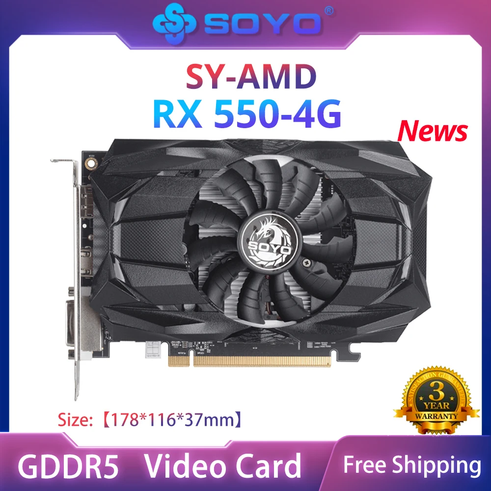 SOYO Full New AMD GPU Radeon RX 550 4G GPU GDDR5 14nm Computer PC Gaming Video HDMI-compatible DP DVI 128Bit Graphics Card