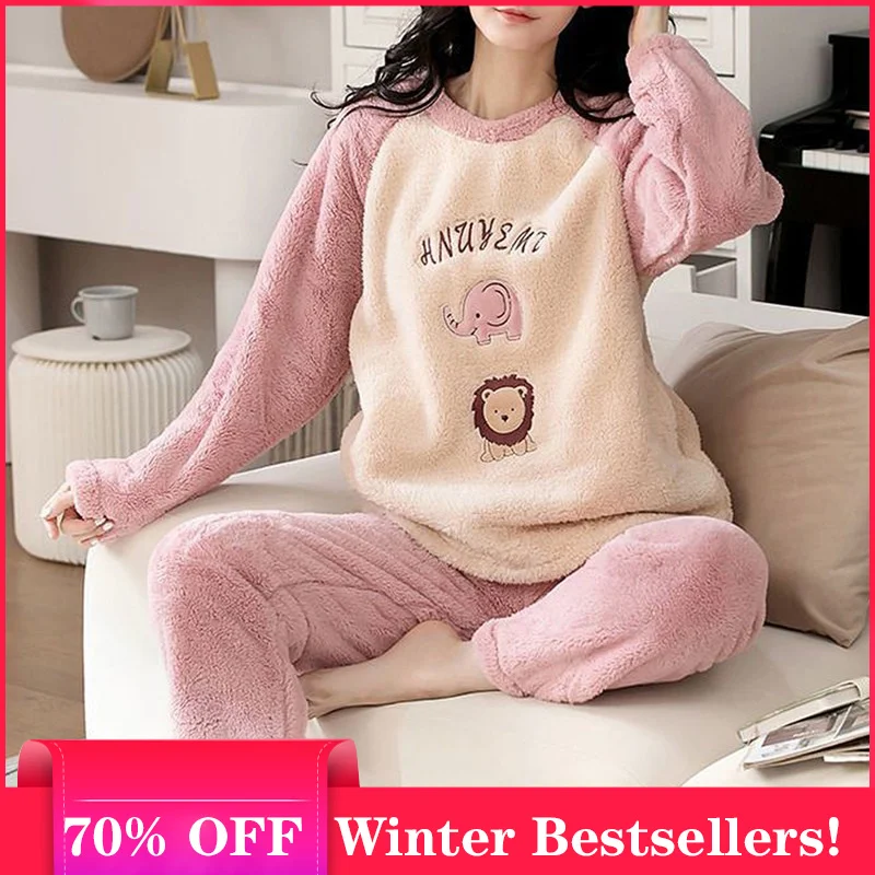 

Flannel Women Pajamas Sets New 2022 Autumn Winter Warm Thick Coral Velvet Long Sleeve Cartoon Sleepwear Home Pijamas SetFor Girl