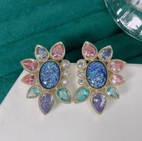 fashionable gorgeous colorful treasure flower earrings european large drop gem vintage stud earring trend jewelry for women