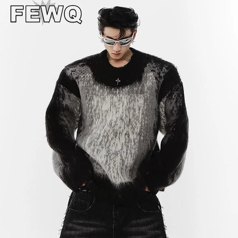 

FEWQ Thickened Tie Dyed Mohair Men Sweater Round Neck Loose Contrast Color 2023 Casual Darkwear Male Pullover High Street 9A6578