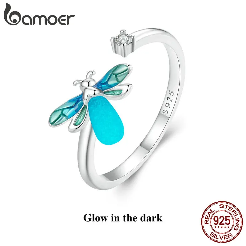 

BAMOER 925 Sterling Silver Luminous Firefly Adjustable Ring Glow-in-the-dark Insect Opening Ring for Women Party Jewelry Gift