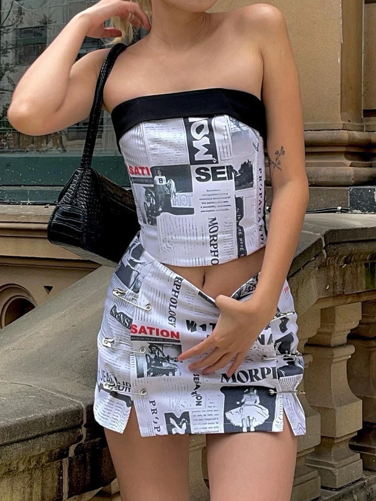 Модная женская юбка с принтом газет комплект из 2 предметов пикантный топ