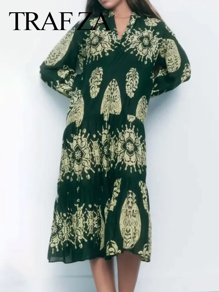 

TRAF ZA Women's Retro Elegant Print Dress Loose Casual Pullover V-Neck Puff Sleeve Splicing Fashion Commuter Daily Long Dress