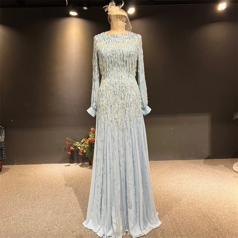 

100%Real Photo فستان سهرة Sky Blue Luxurious Heavy Pearl Beads Full Sleeves Formal Prom Party Evening Dress vestido de noche