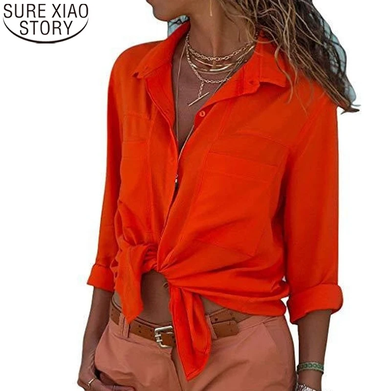 

Chiffon Long Sleeve Shirt Fashion Women Clothing 2022 New Solid Color Turn Down Collar Blouse Pocket Spring Autumn Blusas 22508