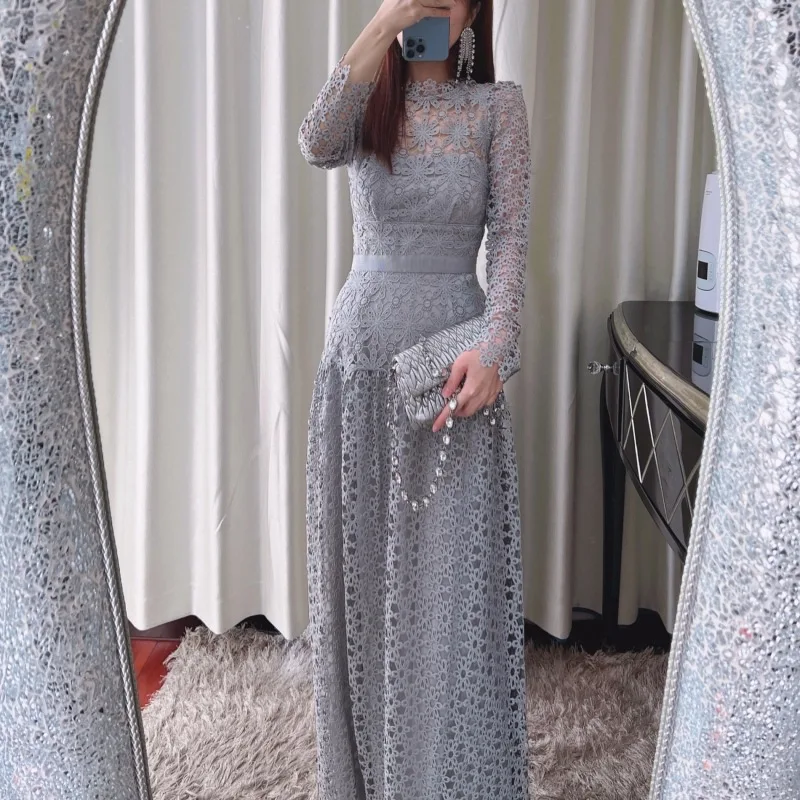 

Spring Grey Color Full Sleeves Lace Long Dress Hollow Out Good Quality Evening Party Ball Gown Dresses Clothes Lady