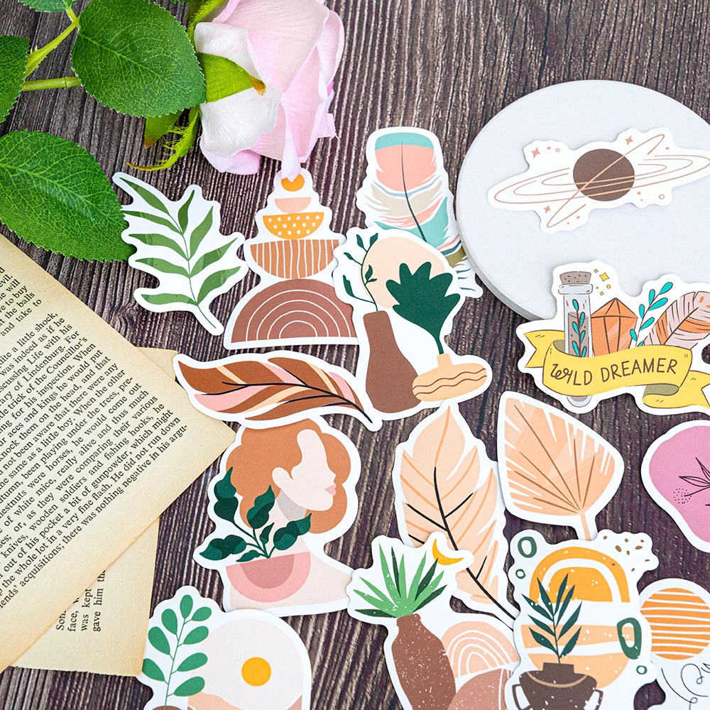 

50 шт., художественные богемные эстетические наклейки, милые мультяшные наклейки для скрапбукинга, наклейки для дневника, канцелярские прин...