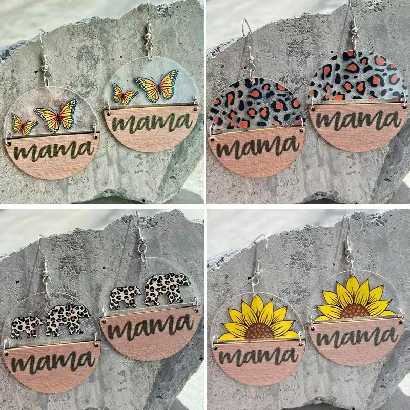 

Fashion Earrings for Mother Day Personalized MaMa Letters Sunflower Butterfly Bear Spotted Wood Acrylic Earring Party Trend Gift