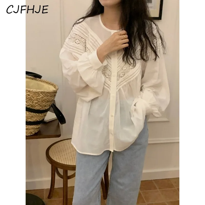 CJFHJE Новинка Женская однотонная плиссированная кружевная рубашка в стиле пэчворк