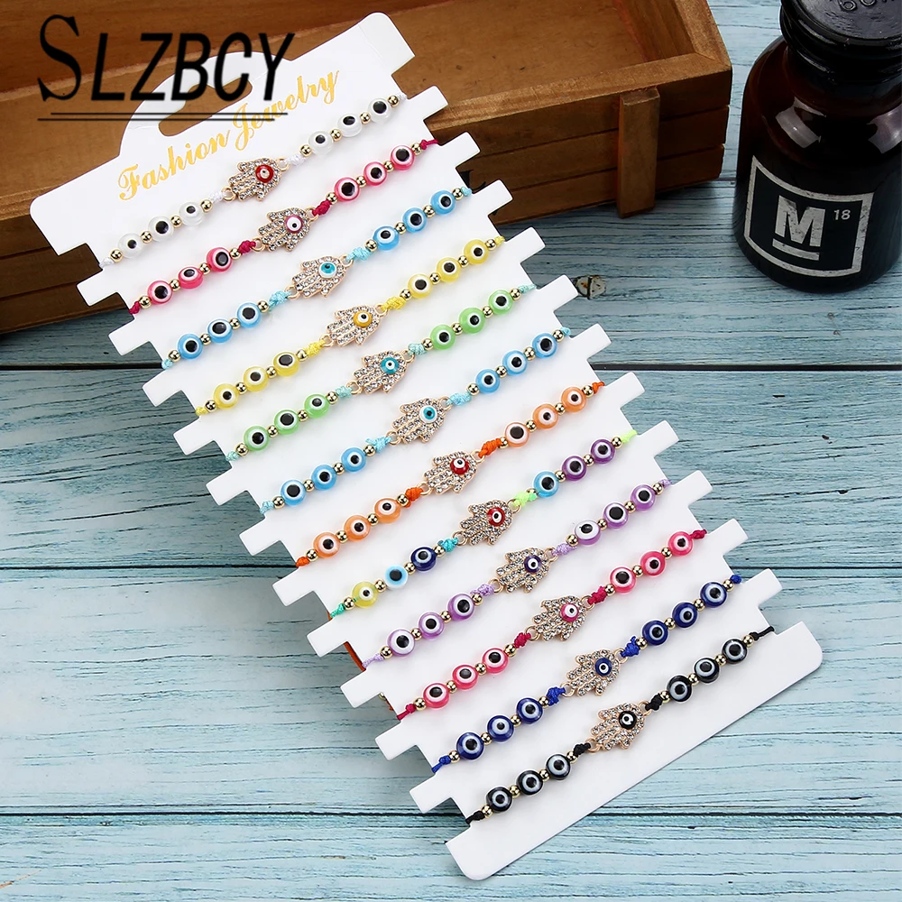 

12Pcs Evil Eyes Crystal Bead Charm Bracelets for Women Adjustable Fatima Hand Pendant Elastic Anklet Party Jewelry