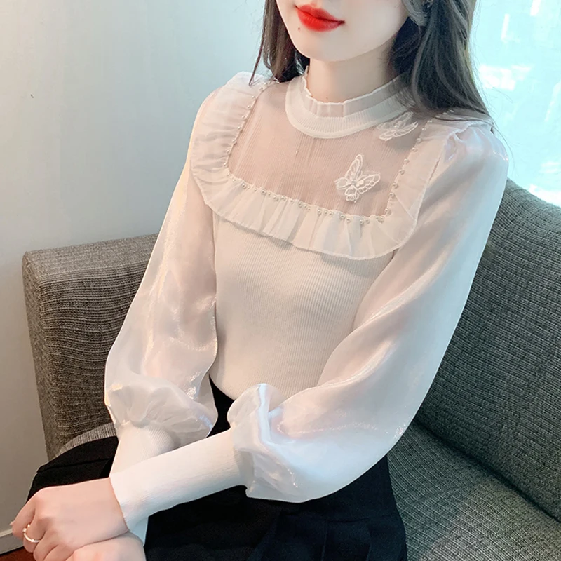 

Осень-зима 2023, пуловеры, свитер, Лоскутная шифоновая вязаная рубашка с длинными рукавами-пузырями, корейские женские топы с бисером