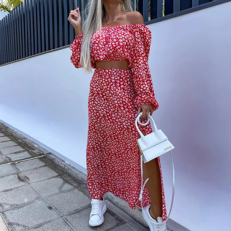 

Женский комплект из двух предметов с цветочным принтом, блузка на одно плечо с коротким рукавом и разрезом