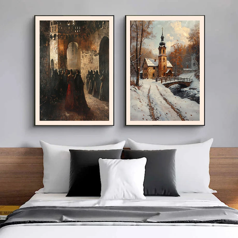 Картина на холсте с изображением замка в стиле ретро