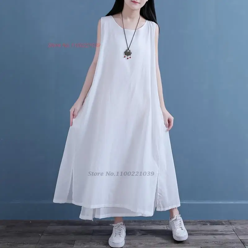 2023 chinese vintage full slips sleeveless dress women double layers cotton linen petticoat underdress retro bottom long dress