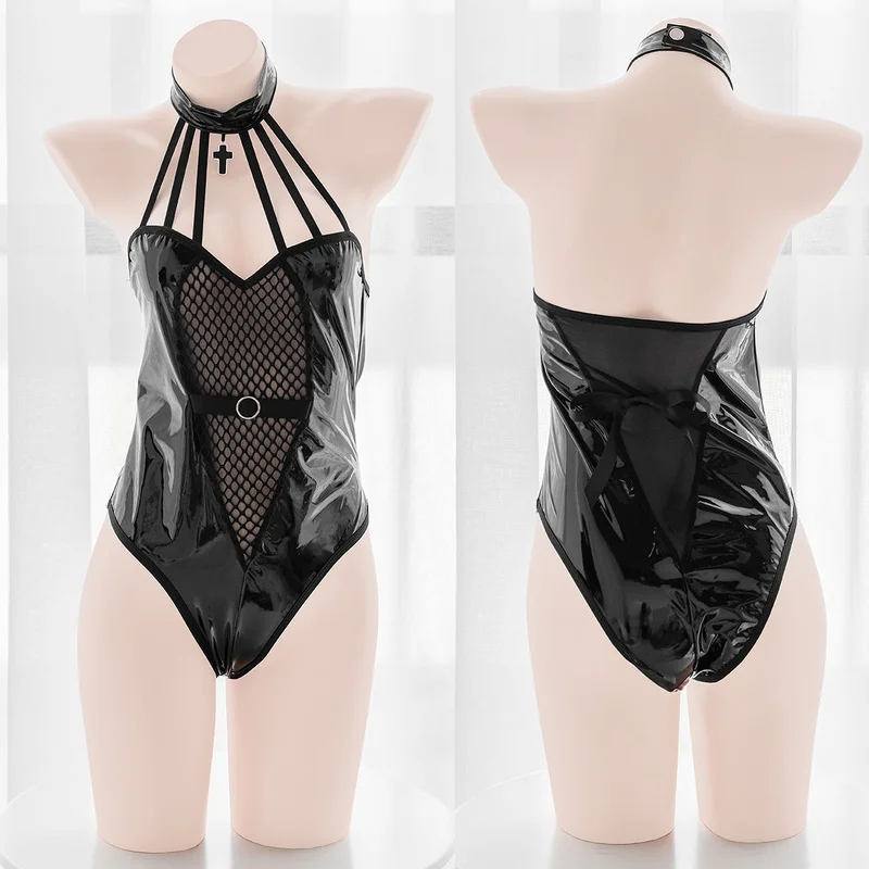

Anime Dark Girl Cosplay Sexy Perspective Jumpsuit Mesh Patent Leather Hollow Out Pajamas Women Bandage Sleepwear Lingerie Set