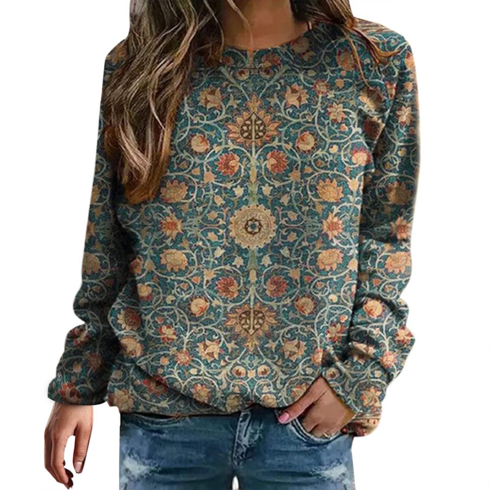 

Women Ethnic Style Sweatshirt Top Long Sleeved Sweatshirt Casual Blouse Temperament Pullover Top Womens for Layering