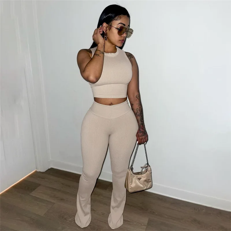 

Aniow Sleeveless Round Neck Crop Top Tank Top and Hight Waist Flare Pants Set Two Piece Set Skinny Bodycon Tracksuit Summer