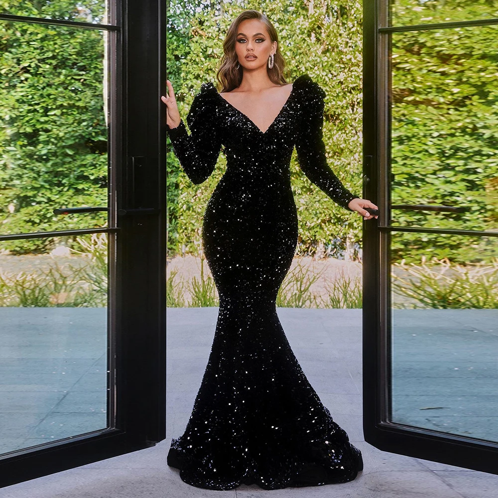 

Sparkly Mermaid Evening Dress Black Sequin 2022 V Neck Sexy Evening Gown Women Long Sleeves Formal Party Gowns Robes de Soirée