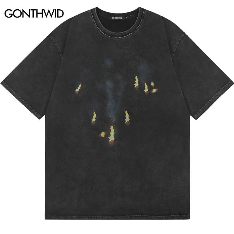 

Vintage Streetwear Tshirt Hip Hop Flame Falling Stone Graphic Print Washed T Shirt 2023 Harajuku Fashion Punk Gothic Cotton Tops