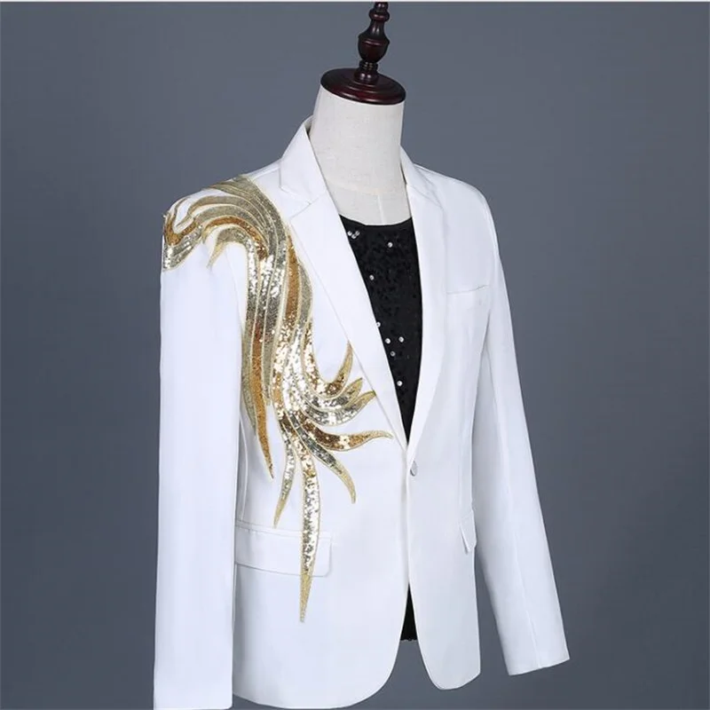 Sequins Blazer Men Applique Suits Designs Jacket Stage Costumes For Singers Clothes Dance Star Style Dress Punk Rock White
