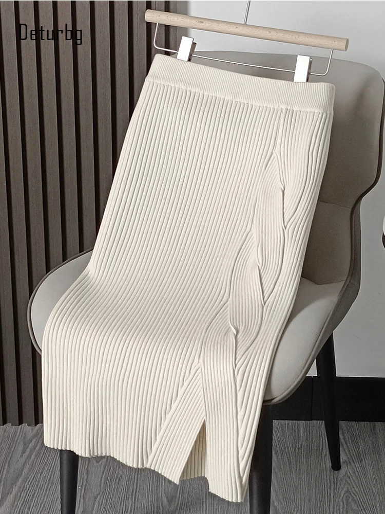 

Женская трикотажная бандажная юбка в полоску, черная облегающая юбка миди с высокой талией и разрезом спереди, на осень-зиму, K186, 2022