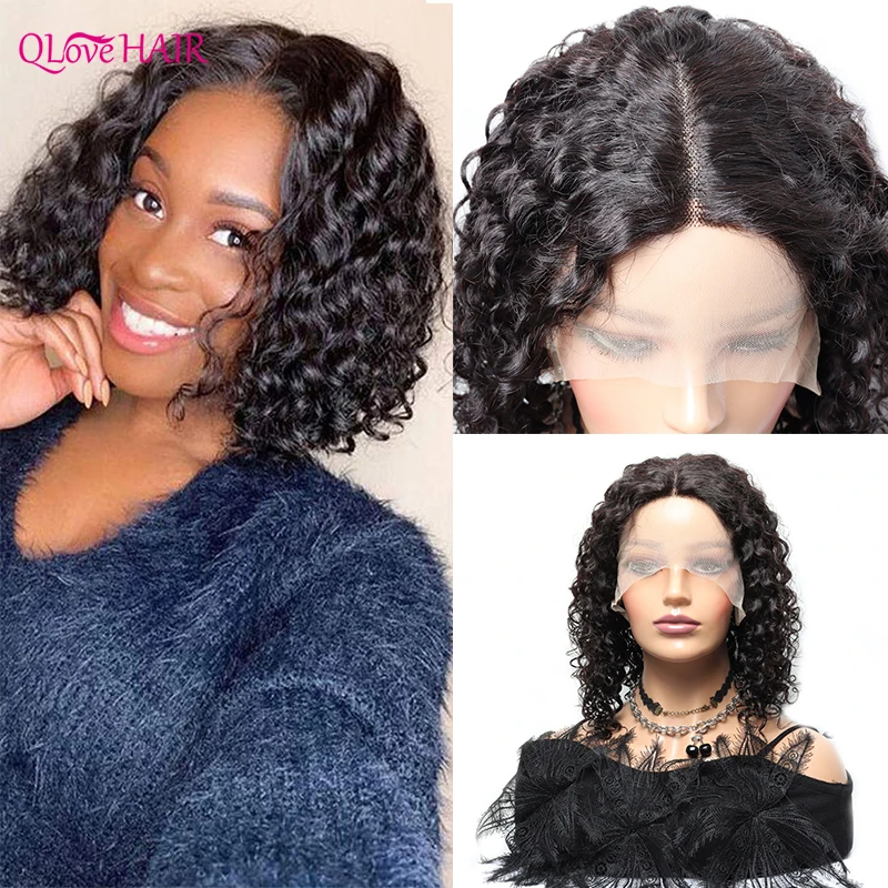 Water Wave Short Bob Human Hair Wigs Pre plucked T Part Lace Wigs For Black Women Peruvian Curly 13x1 Lace Wig 180% Density