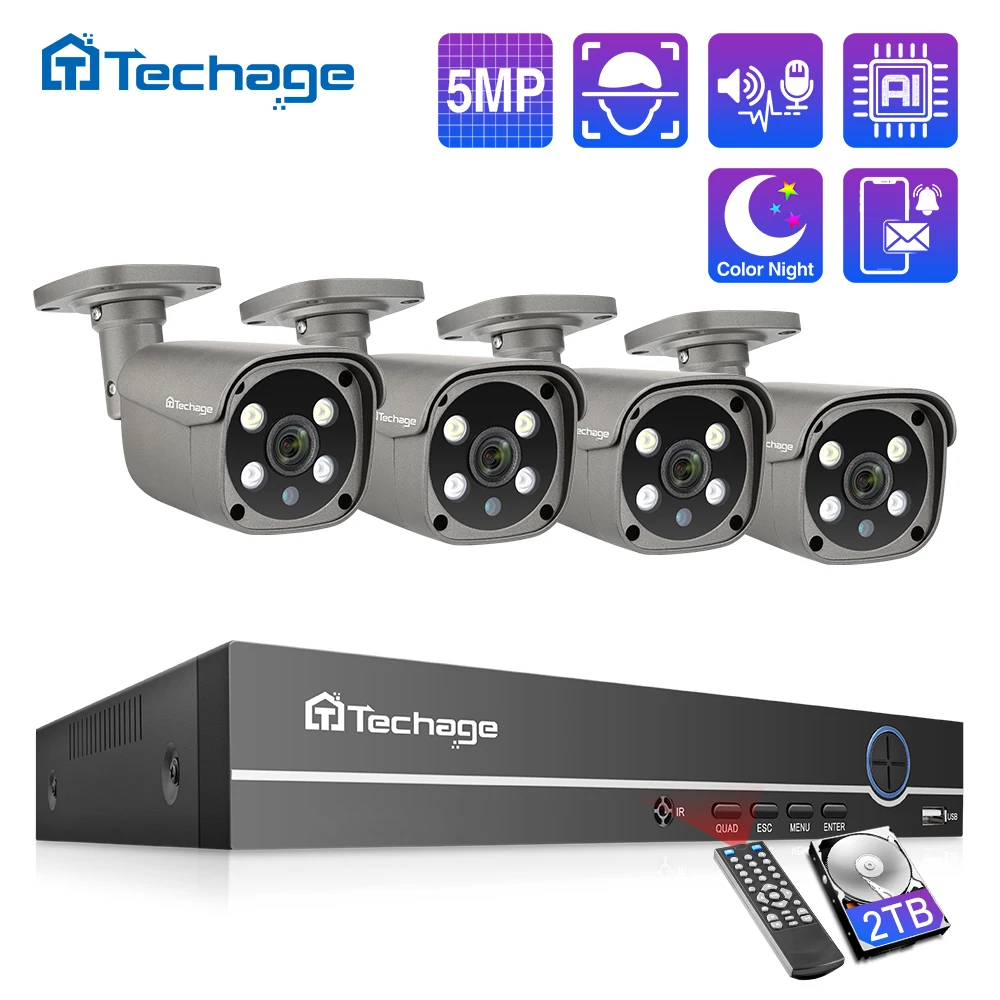 Techage H.265 8CH 5MP POE NVR Kit CCTV System Two Way Audio AI IP Camera IR Outdoor Waterproof Video Security Surveillance Set