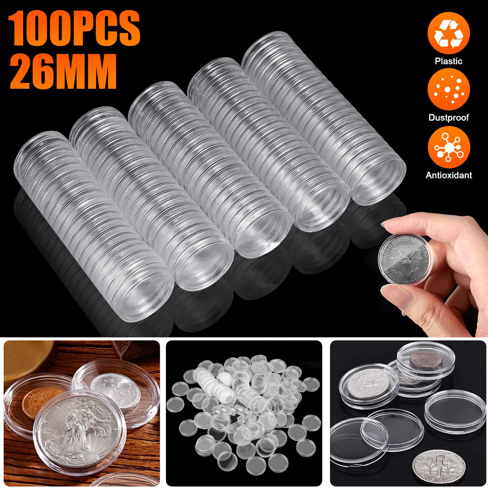 

100X Coin Storage Box Holder Case Clear Round Plastic Capsule Container 26mm