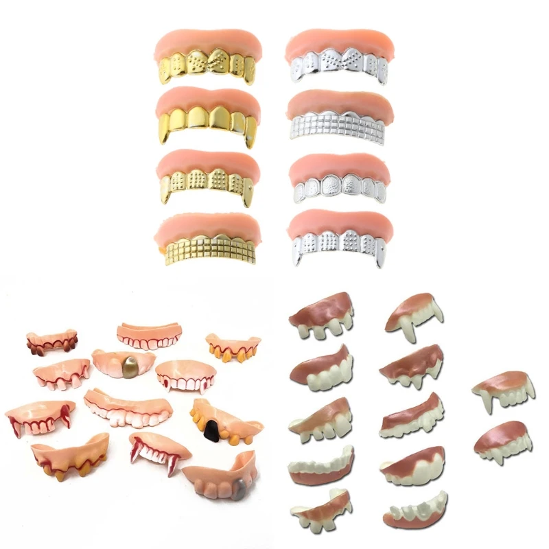 

12pcs/set Halloween Party Prank Toys Simulation Rotten Teeth Vampire Denture Masquerade Cosplay Fake Teeth Trick Props