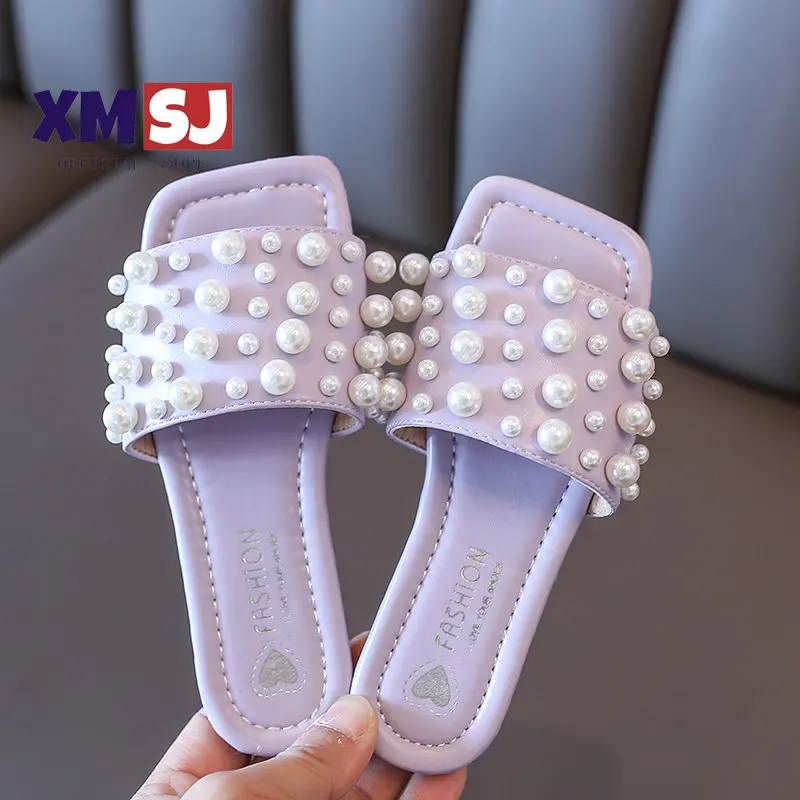 

Summer Slippers for Girls Square Toe Pearl Morden Four Colors Children Sliders Rubber Sole 26-36 Fashion Vacation Kids Flats