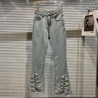 2022 spring new denim trousers pearl beaded heavy industry stretch slim jeans for women ladies blue skinny flared jean feminino