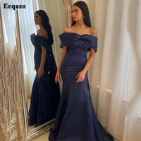 eeqasn arabic women mermaid evening dresses navy blue satin off the shoulder formal party dress floor length pageant prom gowns