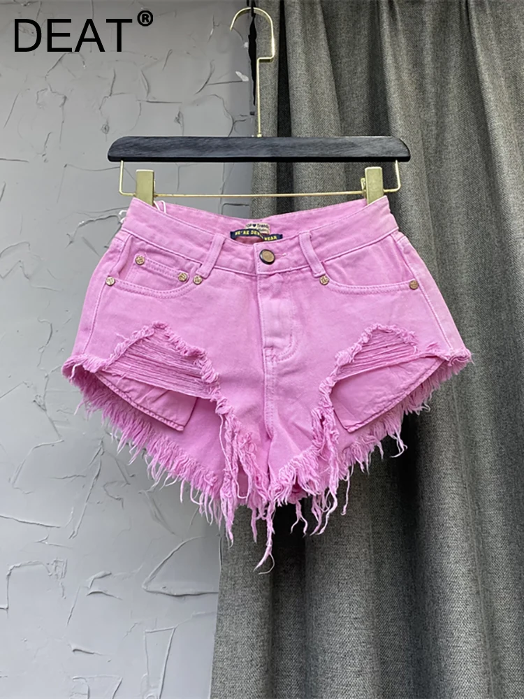 

DEAT Women's Denim Shorts High Waist Rose Pink Big Pockets Tassel Patchwork Ripped Short Pants 2023 Summer New Fashion 29L2041