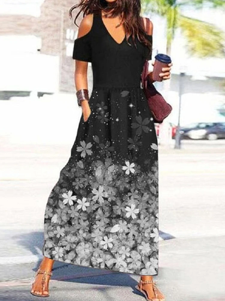

Женское длинное платье с цветочным принтом, Элегантное повседневное платье макси с открытыми плечами и V-образным вырезом, лето 2019