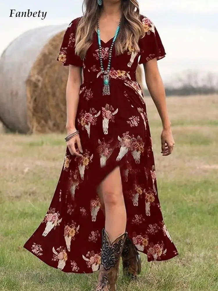 

Женское длинное вечернее платье с коротким рукавом, элегантное платье-макси с цветочным принтом, свободное платье с V-образным вырезом, лето...