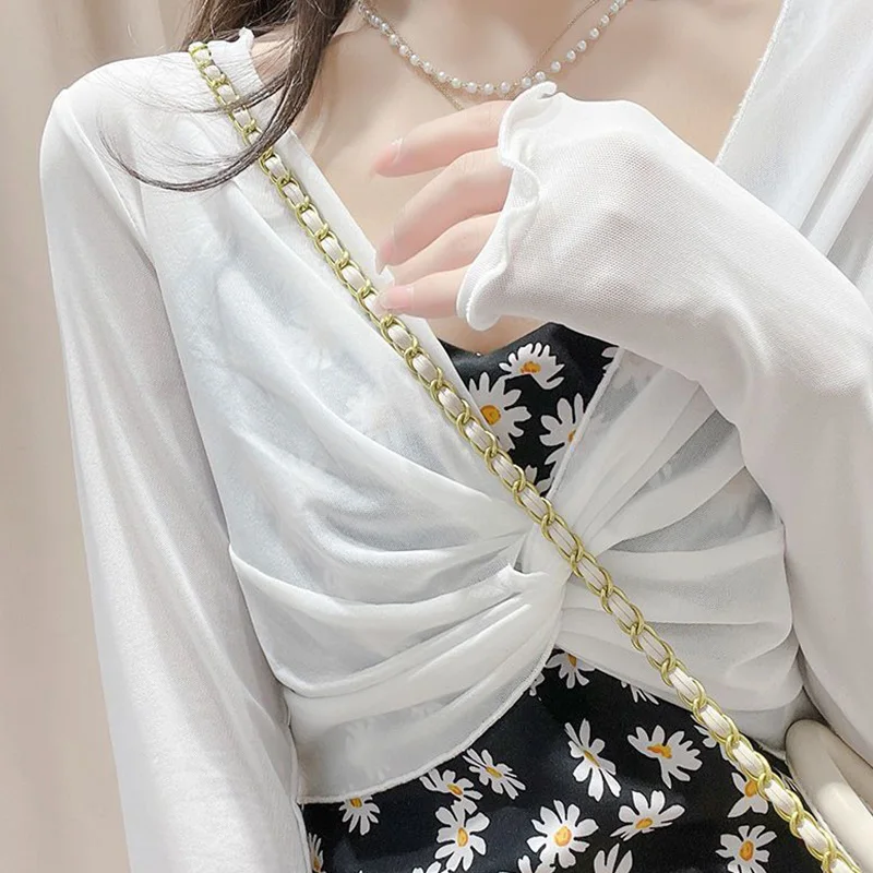 

Summer Thin Air-Conditioned Room Shawl Sunscreen Blouse for Women Long-Sleeved Gauze Blouse Long Sleeved Short Top
