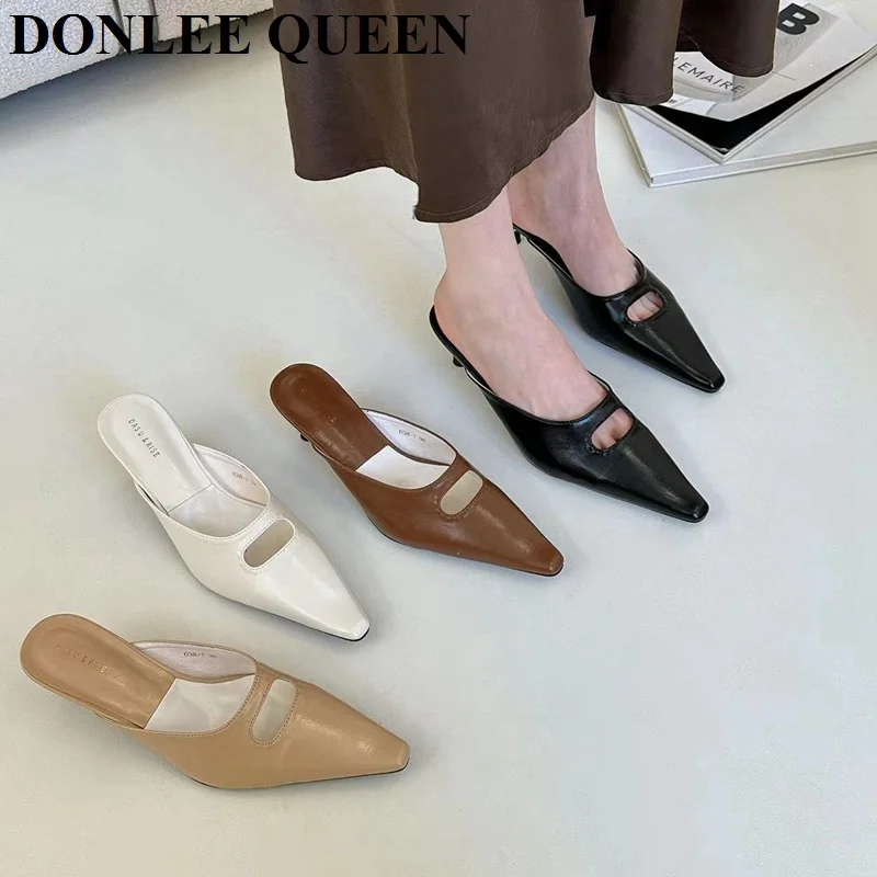 

Sexy Pointed Toe Med Heels Mule Women Slippers Female Shallow Pumps 2023 Fashion Outdoor Slide Spring Summer Shoes Elegant Mujer