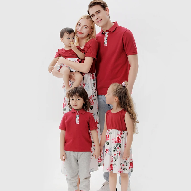 

Family Matching Outfits Cotton Mother Daughter Floral Patchwork Dress Father Son Turn-down Collar T-Shirt Mommy And Me Clothes
