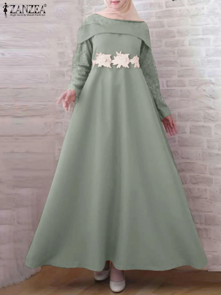 

Muslim Women Party Elegant Flower Long Sleeve Sundress ZANZEA Fashion Lace Patchwork Abayas Dress Evening Ramadan Turkey Vestido