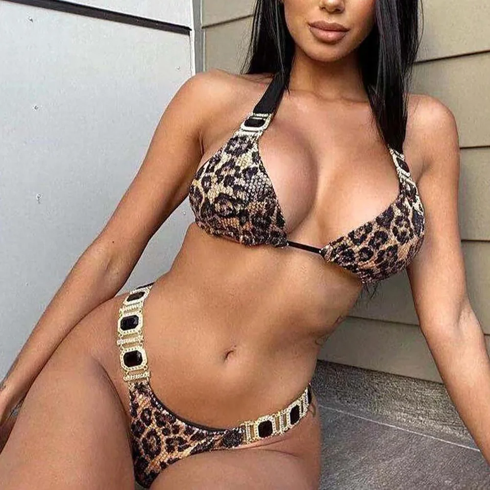 

Женский раздельный купальник с леопардовым принтом, бикини пуш-ап с цепочкой с кристаллами и бриллиантами, купальный костюм для пляжа, 2022