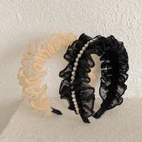new french retro fashion wide brimmed pearl black mesh headband ruffled fairy hair accessories