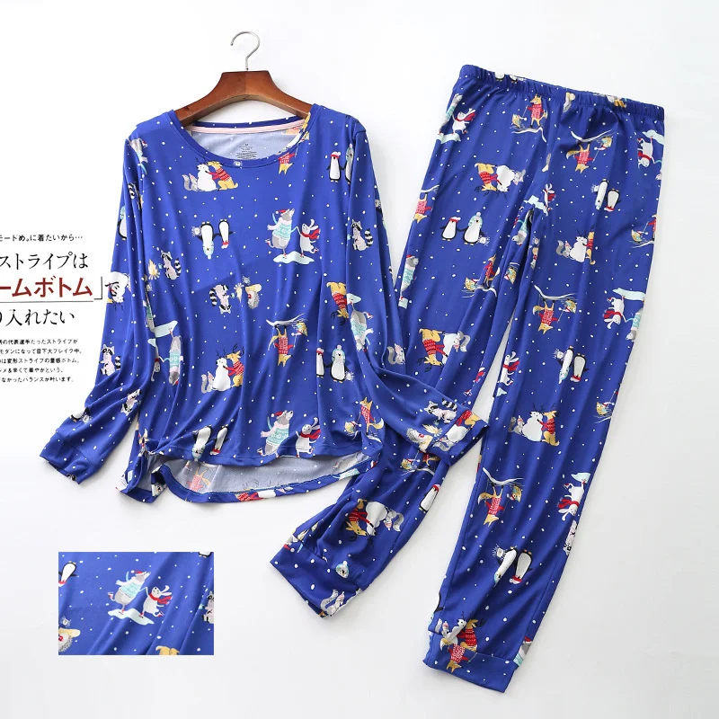 Cotton Pajamas Set Full-Sleeve T-shirt Long Pants 2Piece/Set Autumn Casual Pyjama Big Size Mom Homewear Cozy Plus Sleepwear