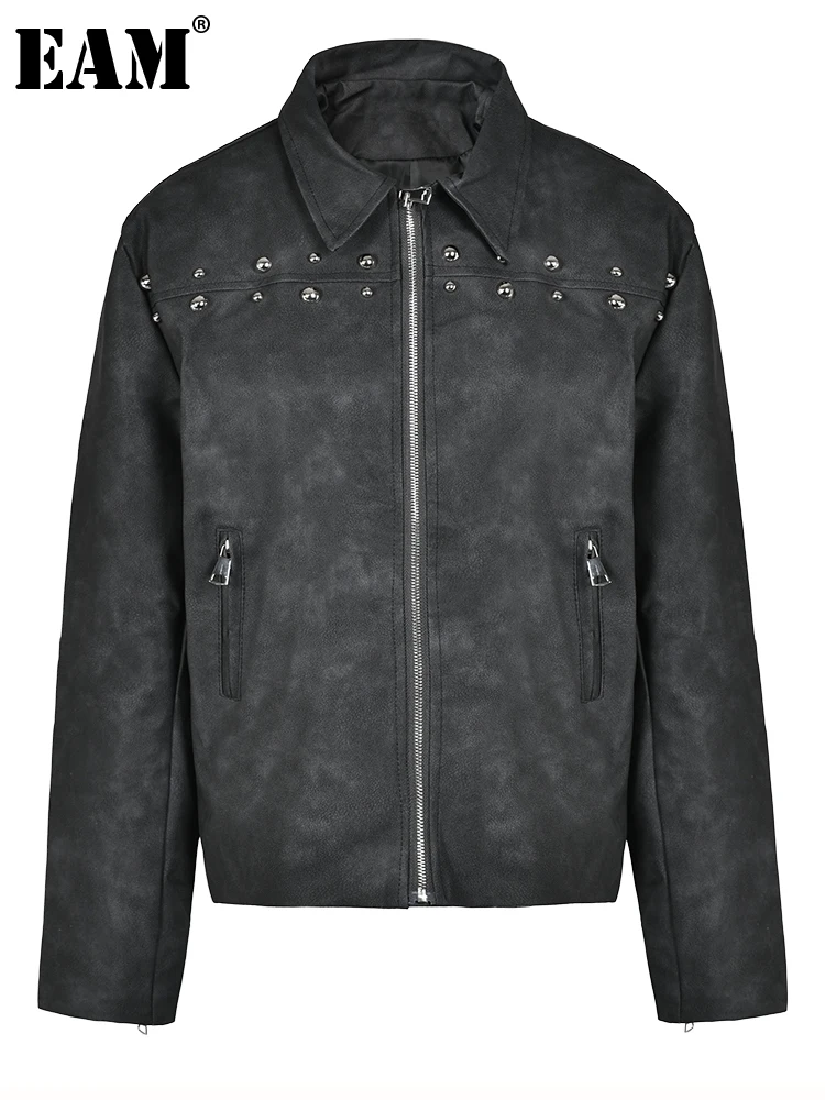 

[EAM] Loose Fit Dark Gray Rivet Big Size Casual Jacket New Lapel Long Sleeve Women Coat Fashion Tide Spring Autumn 2023 1DH1557