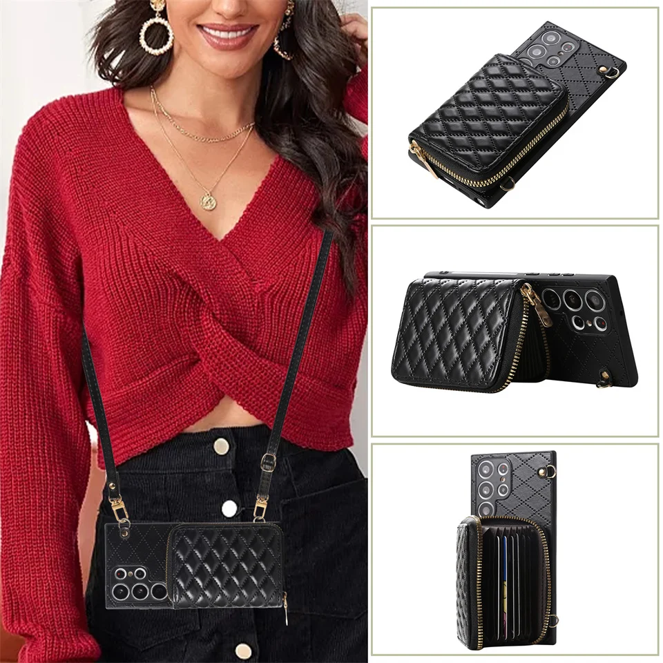 Luxury Wallet Card Crossbody Shoulder Strap PU Leather Case For samsung galaxy S23 s22 s10 Plus S21 FE S20 Note 10 20 Ultra Cove