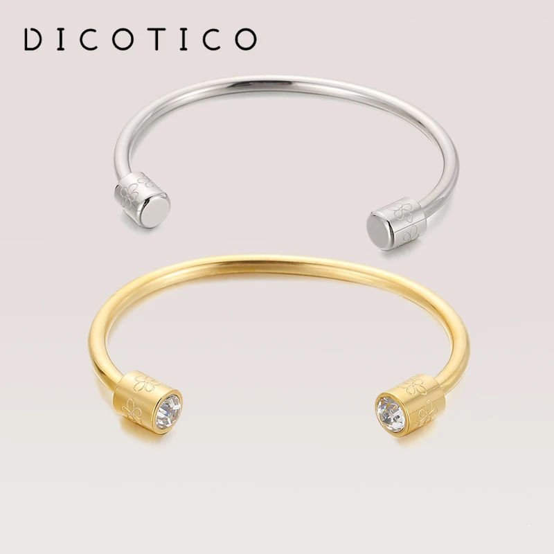 

Simple Cuff Bracelets For Women Gold Silver Color Stainless Steel Zircon Bangles Creative Carved Flowers Jewelry Mujer Brazalete