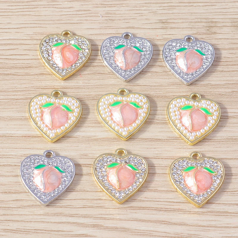 

4pcs 15x17mm Fashion Crystal Love Heart Charms Enamel Fruit Peach Charms for Making DIY Earrings Pendants Necklaces Craft Supply