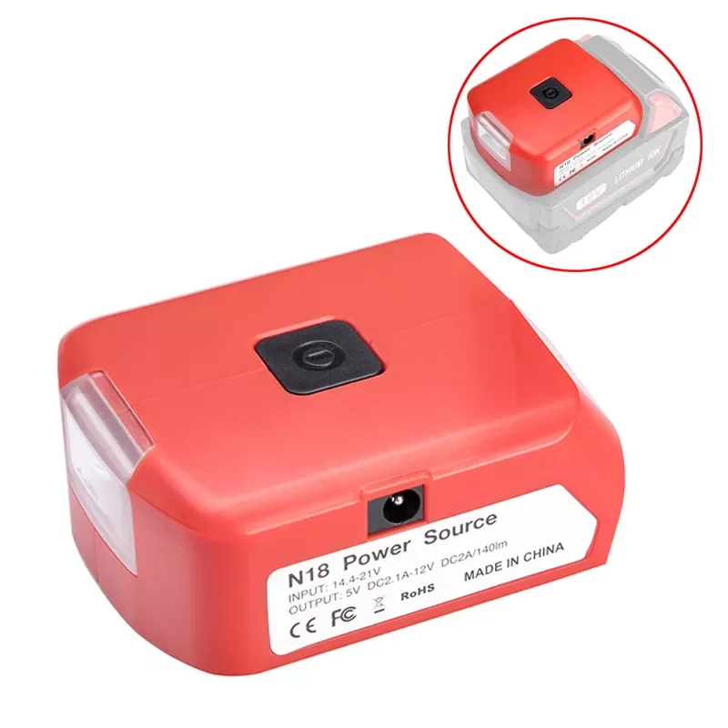

NEW2023 New Battery Adapter for Milwaukee 18V Battery Power Source with Dual USB 5V/2.1A DC Port 12V/2A LED Light For Heated Jac